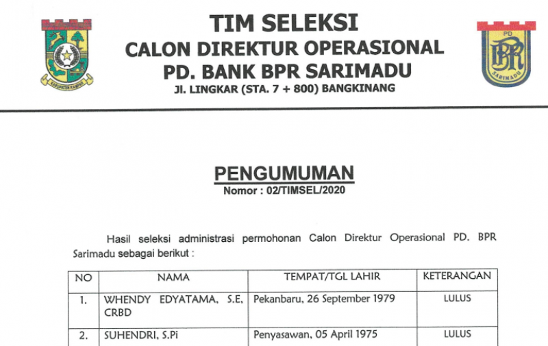 Pengumuman Hasil Seleksi Dirut OP BPR