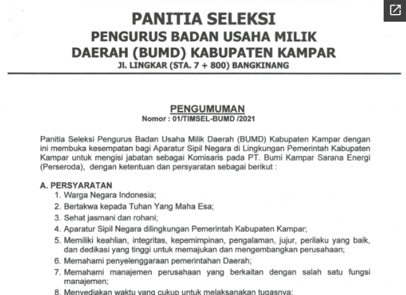 Pengumuman Penerimaan Seleksi Calon Komisaris PT. Bumi Kampar Sarana Energi (PERSERODA)